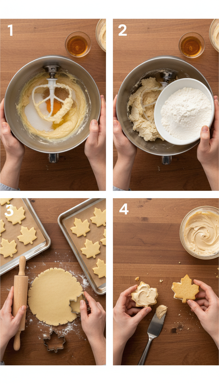 Step-by-step process of making maple cream cookies showing dough preparation, rolling, cutting, and assembly
