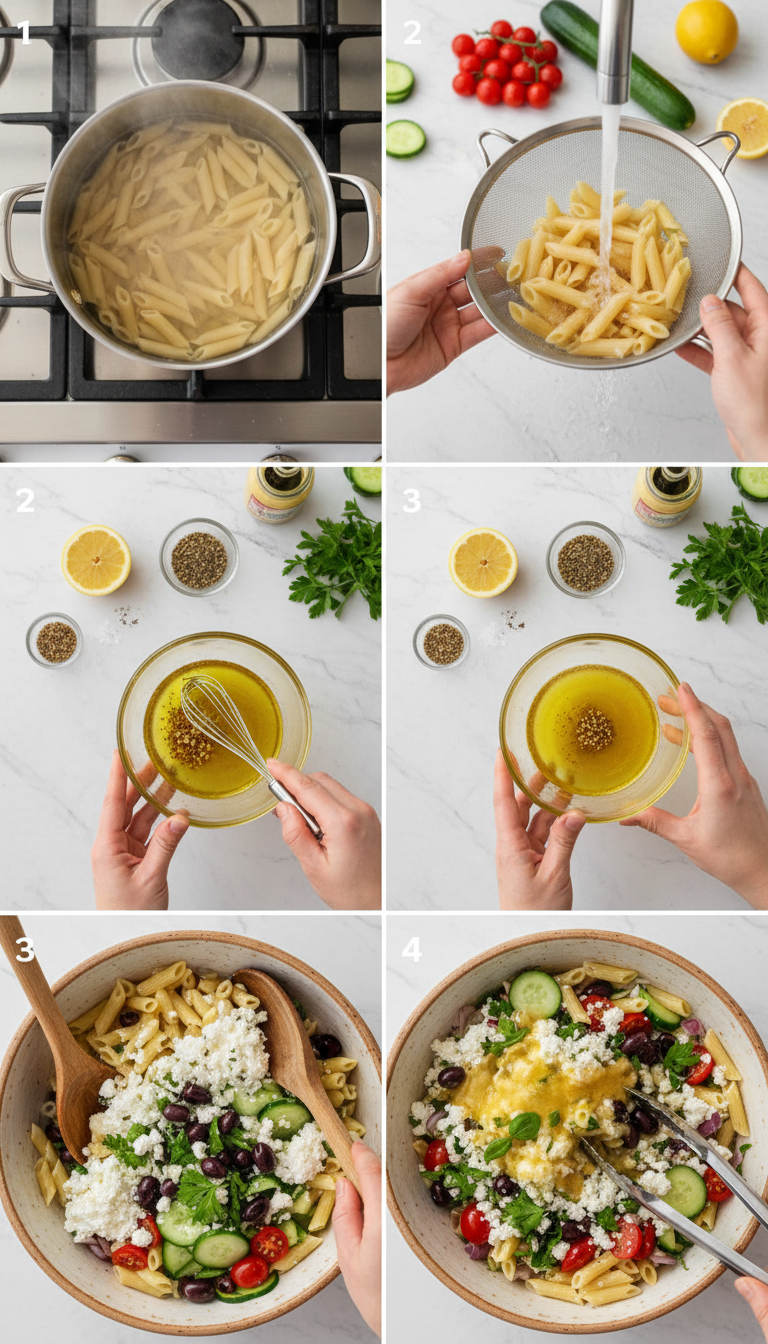 Step by step process of making Mediterranean cottage cheese pasta salad showing pasta cooking, vegetables being chopped, and final assembly