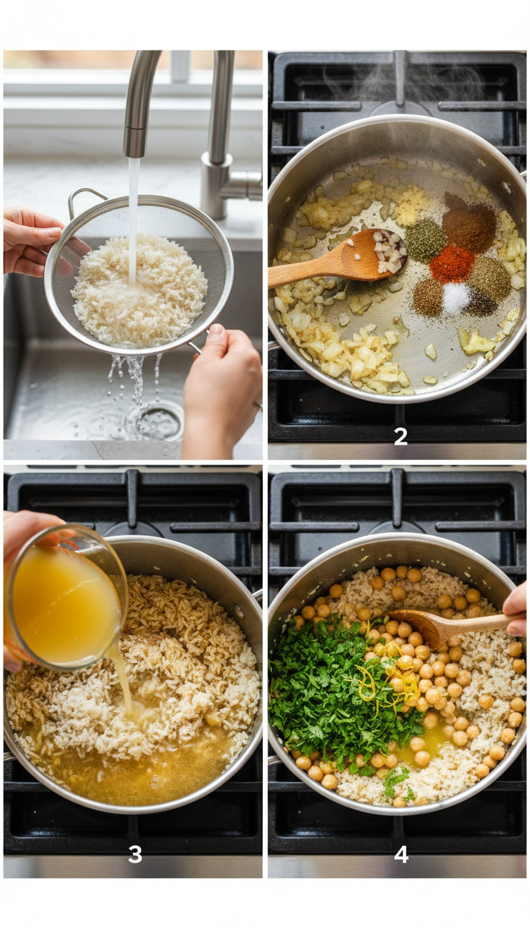 Step-by-step cooking process showing rice transformation from raw to perfectly fluffy with herbs and chickpeas