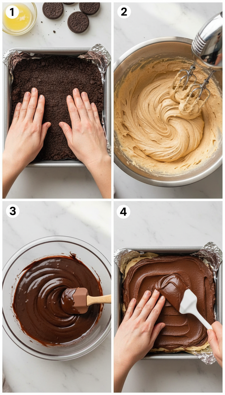 Step-by-step process showing the layering technique for no-bake chocolate peanut butter cheesecake bars from crust preparation to final ganache drizzle