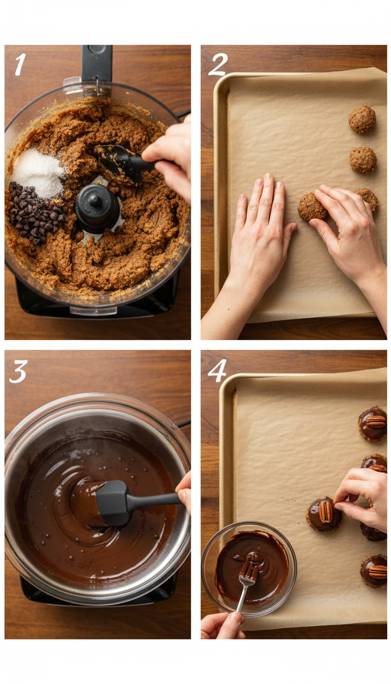 Step-by-step process of making no-bake pecan pie bites showing food processor mixing, hand-rolled balls, and chocolate coating technique