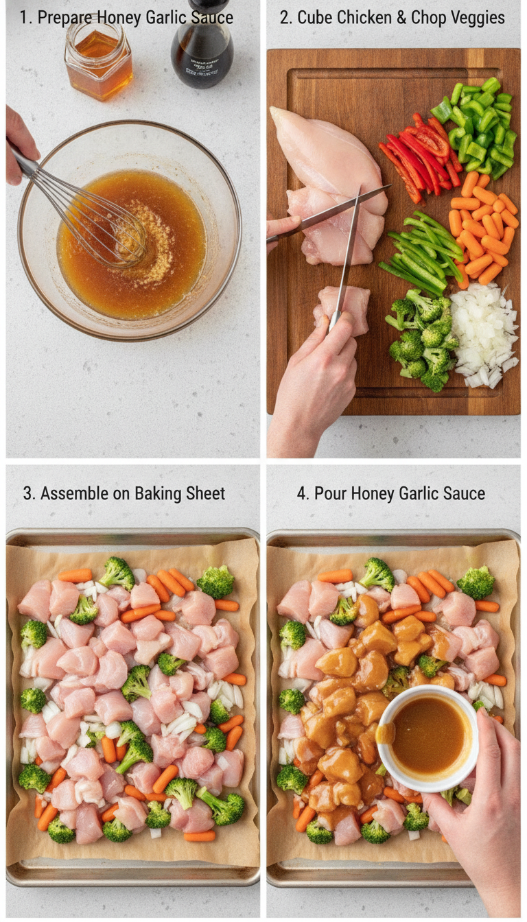 Step by step cooking process showing One Pan Honey Garlic Chicken and Veggies preparation and final golden glazed result