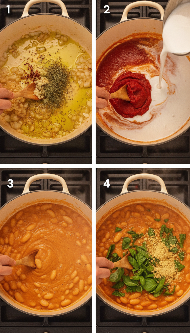 Step-by-step visual guide showing the cooking process of One Pot Marry Me Butter Beans from sautéing aromatics to the final creamy dish