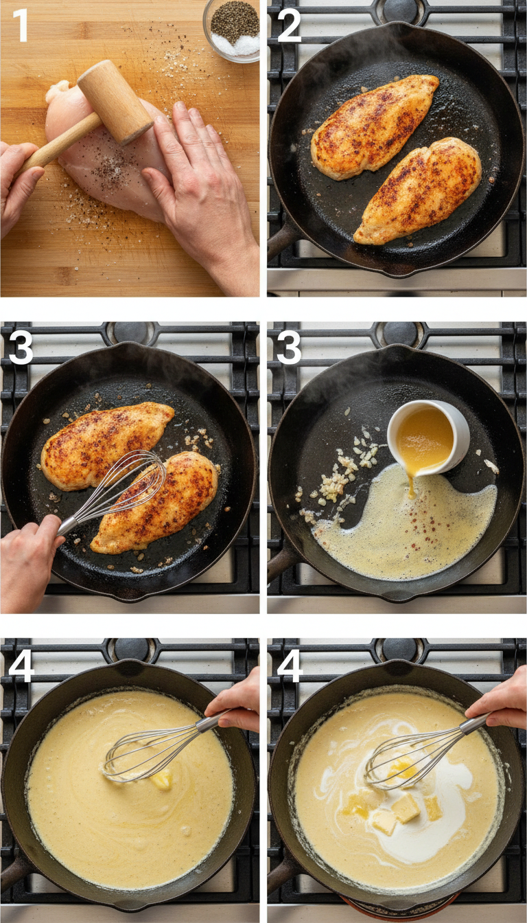 Step-by-step visual guide showing the cooking process for One Skillet Chicken with Lemon Garlic Cream Sauce