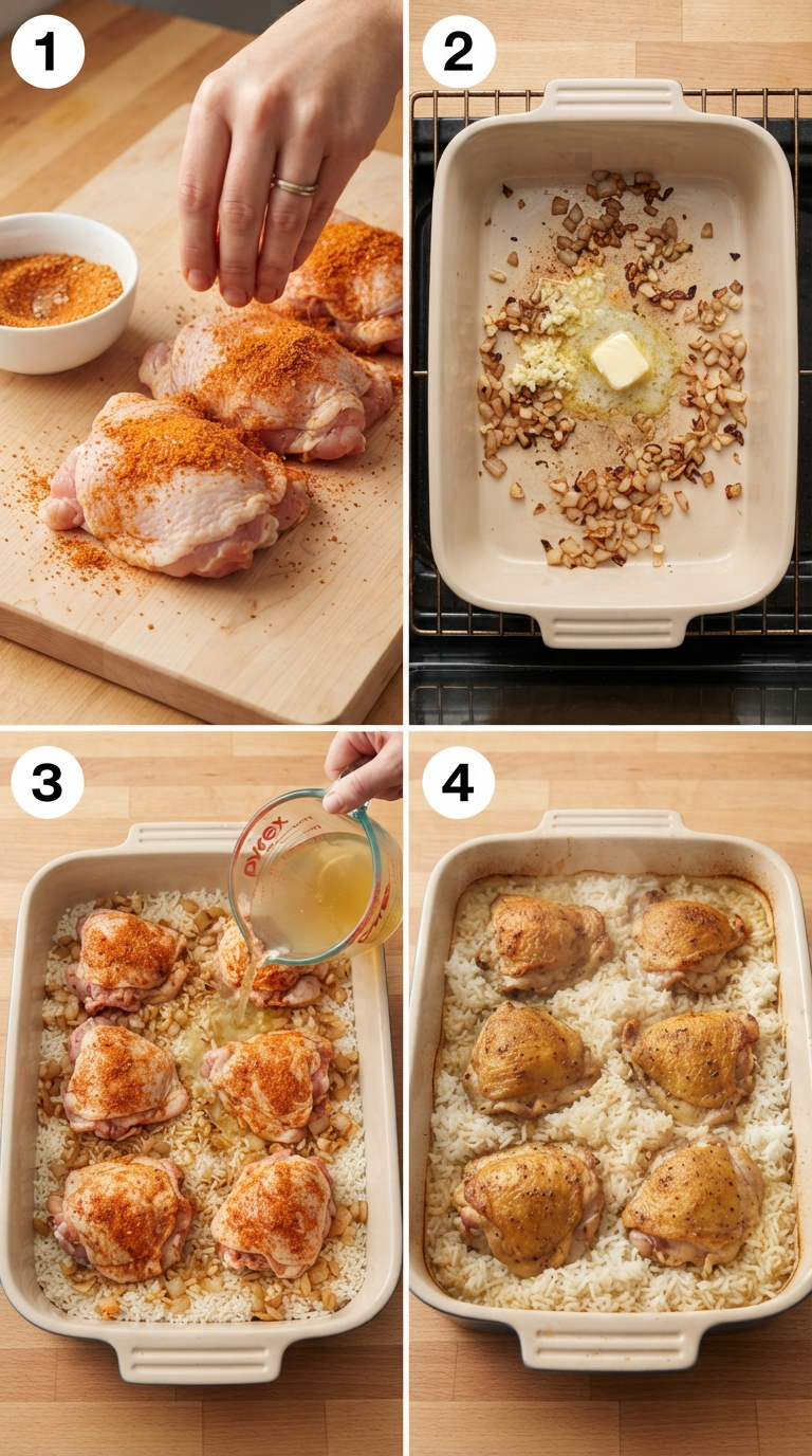 Step-by-step visual guide showing the process of making oven baked chicken and rice from ingredient prep to final golden dish