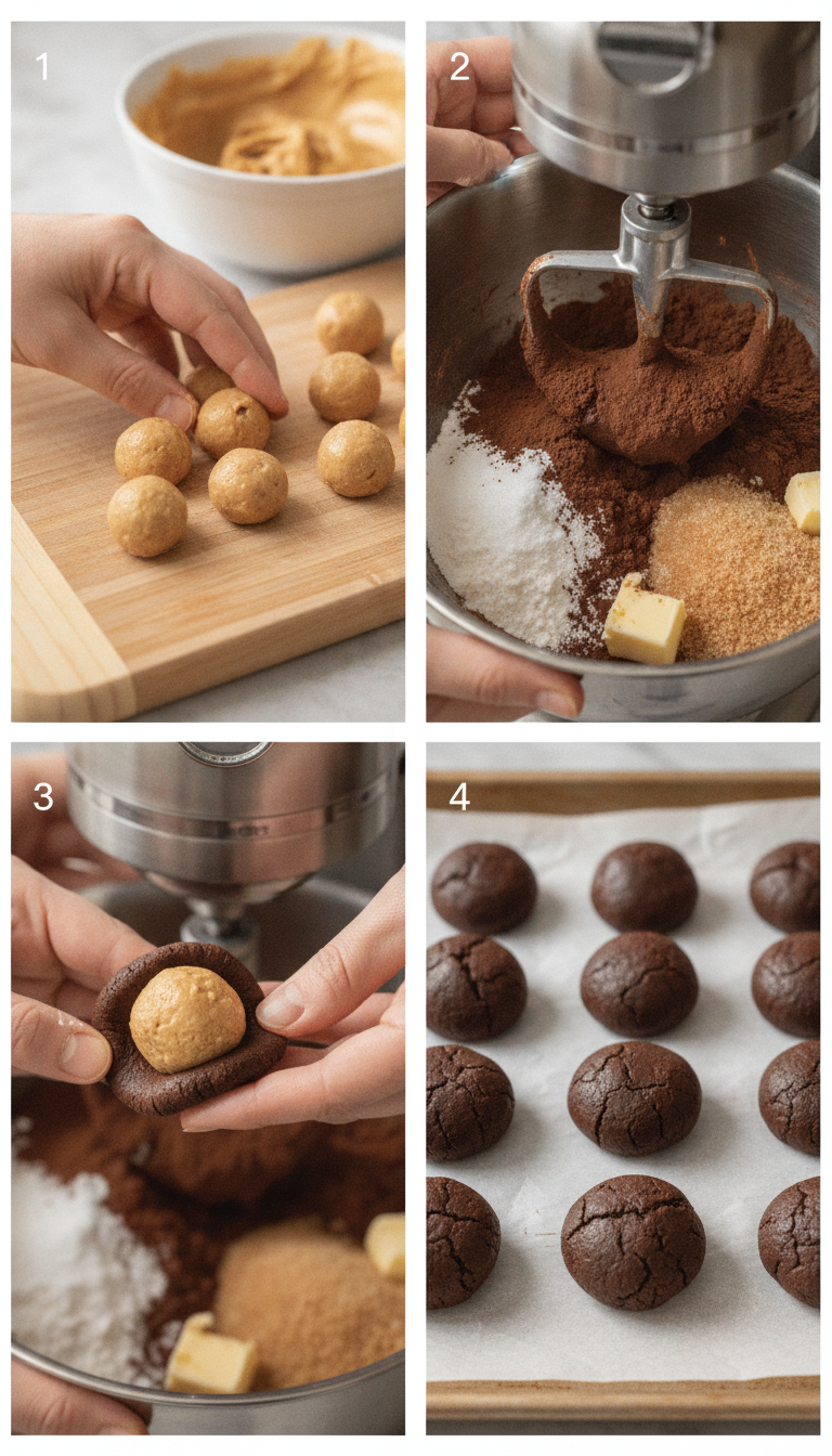 Step-by-step process of making peanut butter stuffed chocolate cookies showing peanut butter balls, cookie dough, and assembly process