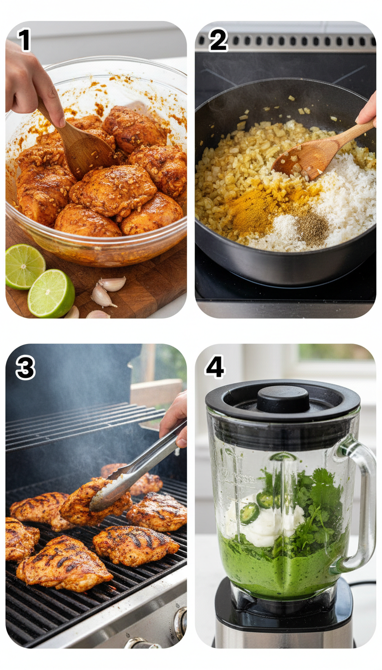 Step-by-step visual guide showing marinated chicken, cooking rice, and blending green sauce for Peruvian Chicken and Rice with Green Sauce