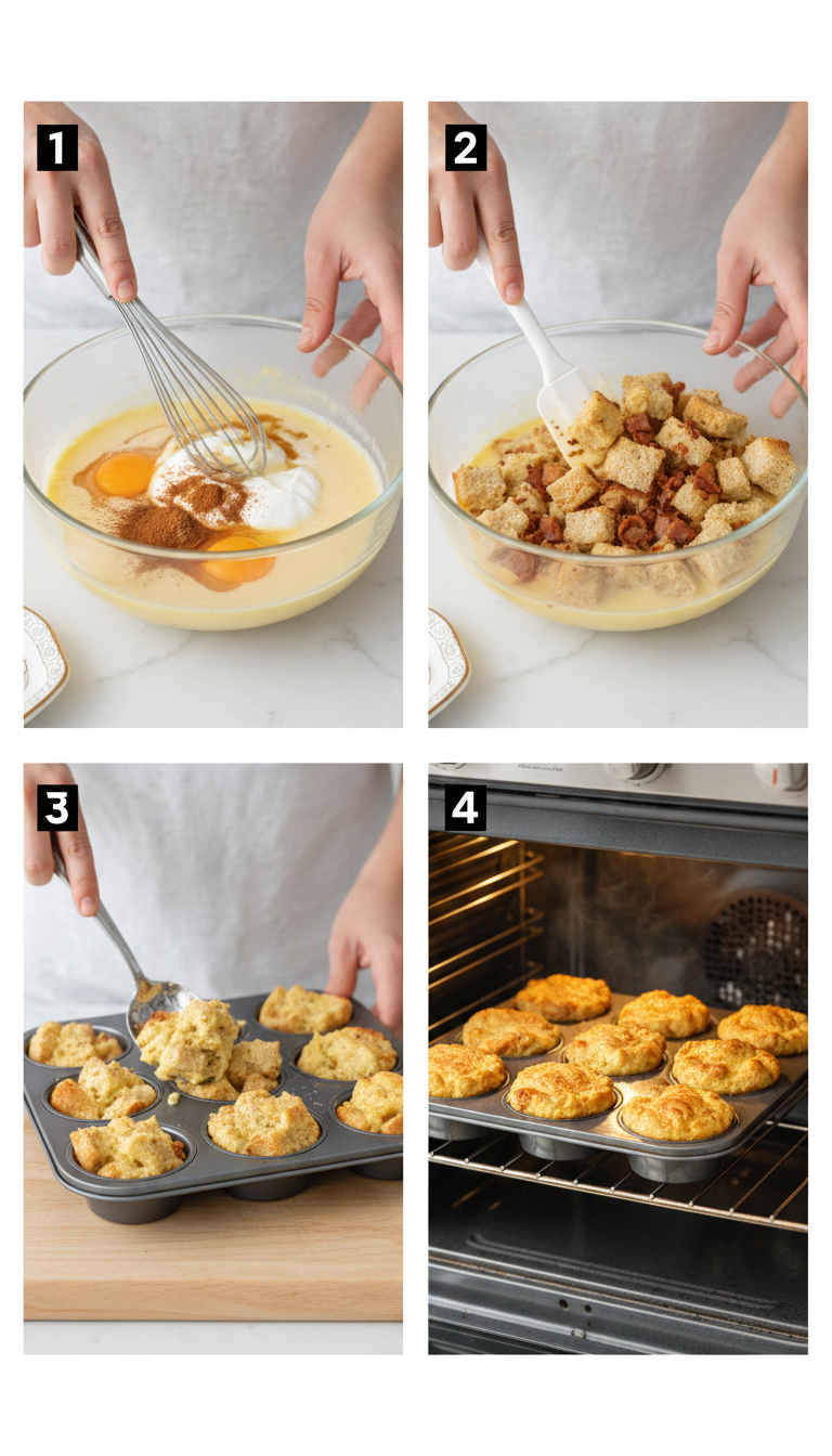 Step-by-step visual guide showing the process of making Protein French Toast Muffins from mixing ingredients to the finished golden muffins