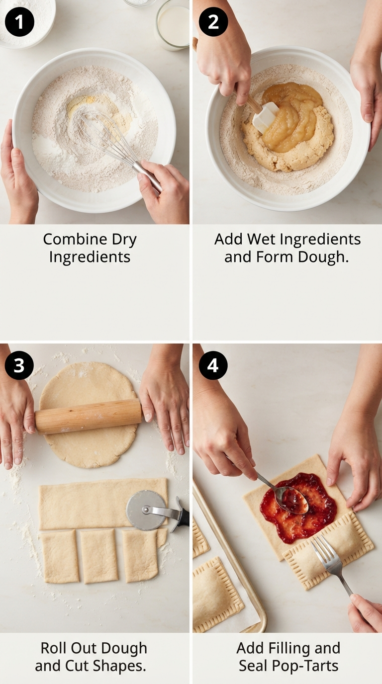 Step-by-step visual guide showing dough preparation, rolling, filling, and sealing process for homemade protein pop tarts