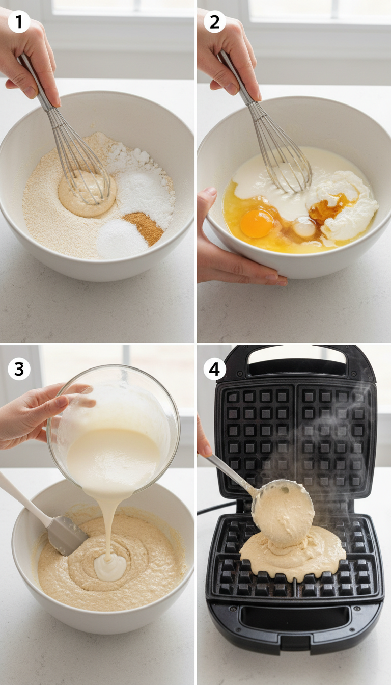 Step-by-step process showing mixing bowls with dry ingredients, wet ingredients being combined, and batter being poured into a waffle maker