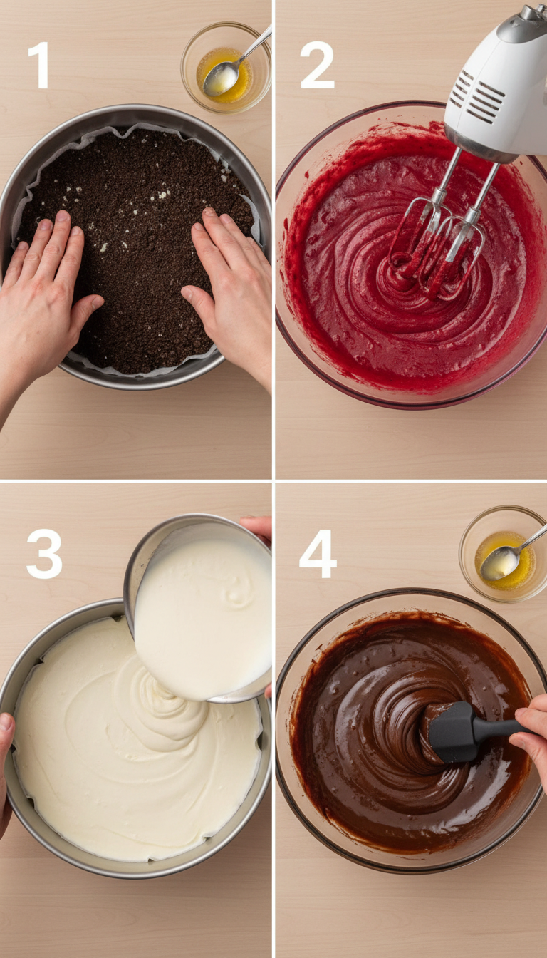 Step-by-step process of making Red Velvet Oreo Cheesecake showing crust preparation, layering, and final assembly