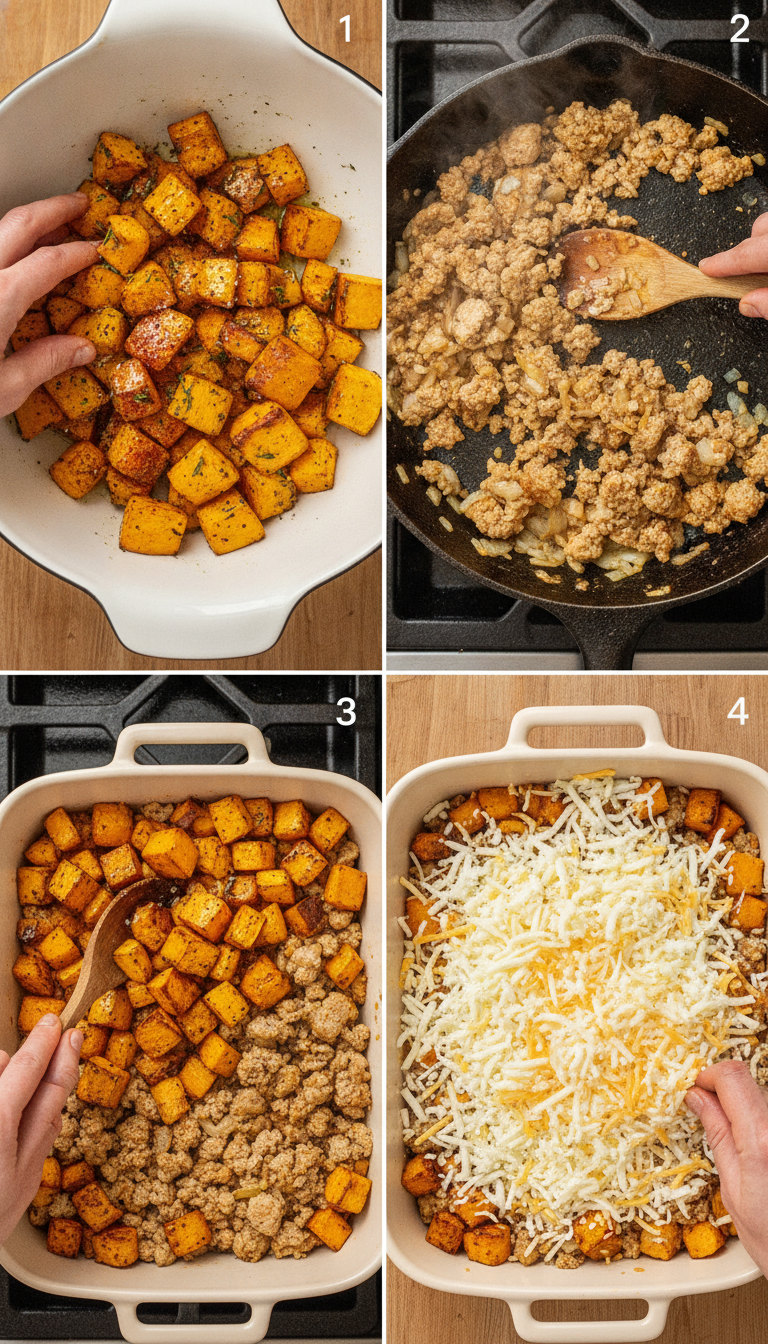 Step by step process of preparing roasted butternut squash with ground turkey