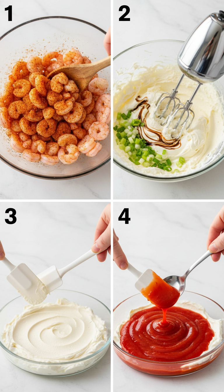 Step-by-step process of making shrimp cocktail dip showing layered cream cheese mixture, cocktail sauce, and seasoned shrimp in a clear glass serving dish