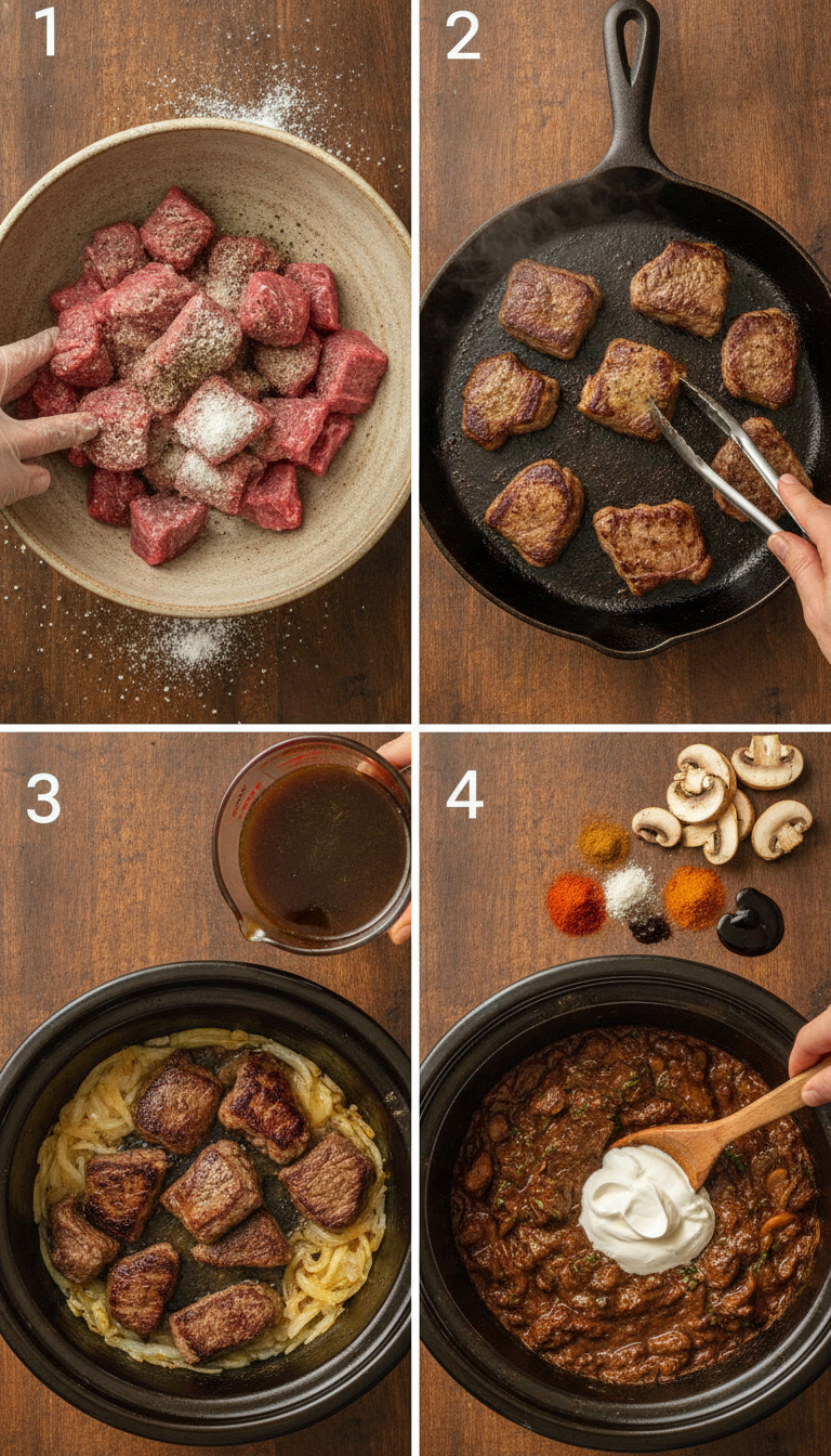Step-by-step photos showing the process of making slow cooker beef stroganoff from seasoning the beef to the final creamy dish