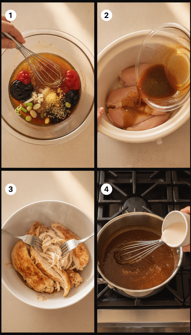 Step-by-step visual guide showing the process of making Slow Cooker Honey Garlic Chicken from raw ingredients to finished dish