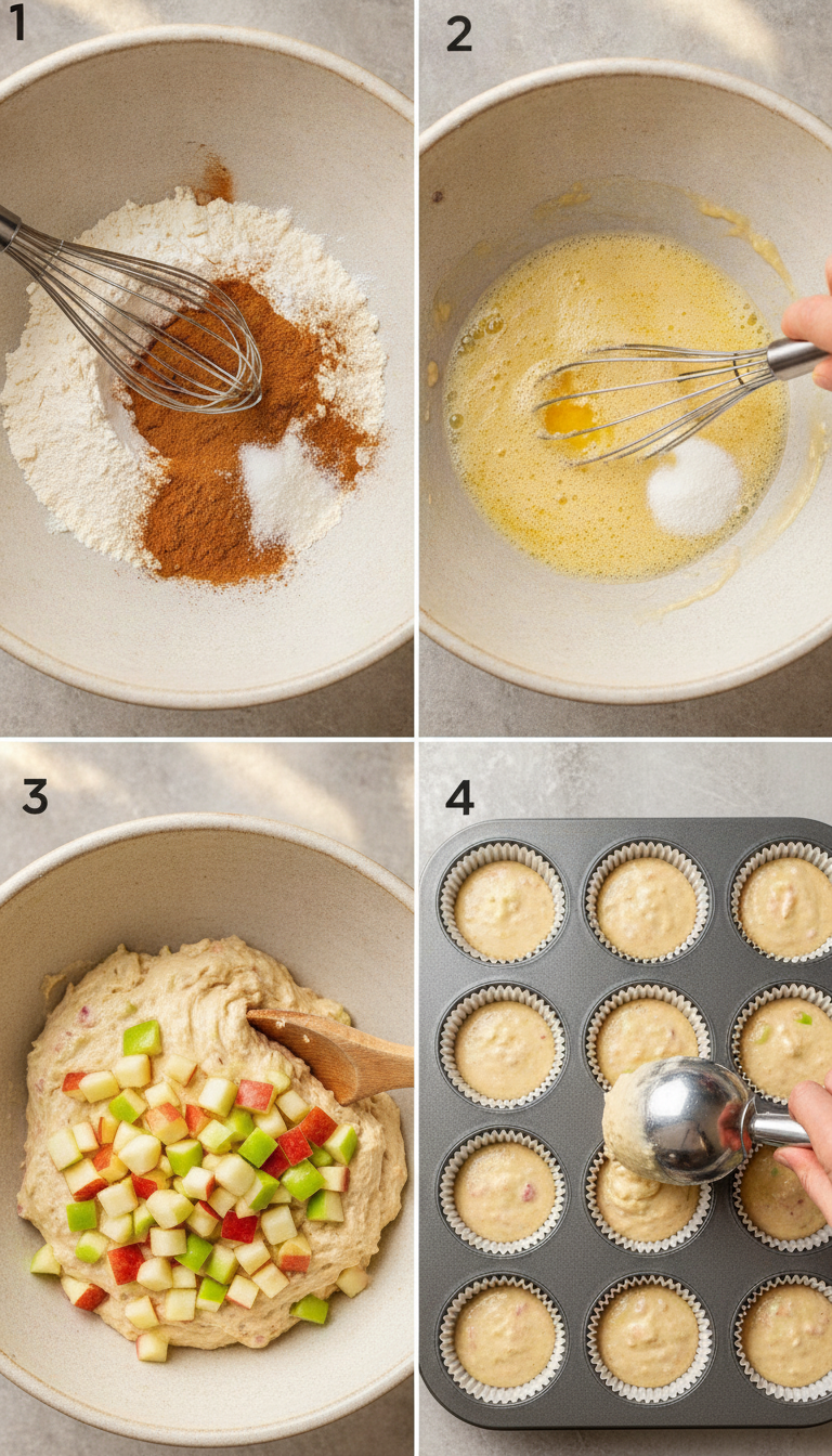 Step-by-step process of making soft apple cinnamon muffins showing mixing bowls, batter preparation, and muffin tin