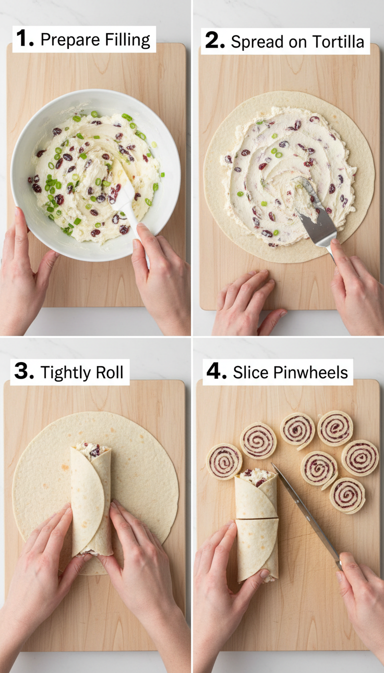 Step by step process of making Tasty Christmas Cranberry Pinwheels showing mixing, spreading, rolling, and slicing techniques
