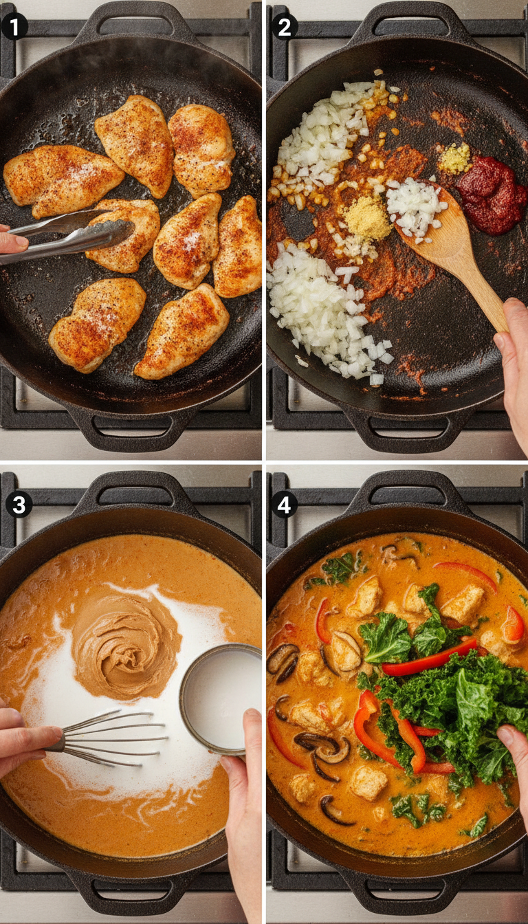 Step-by-step photos showing the cooking process of Thai chicken curry soup from searing chicken to final garnished bowls
