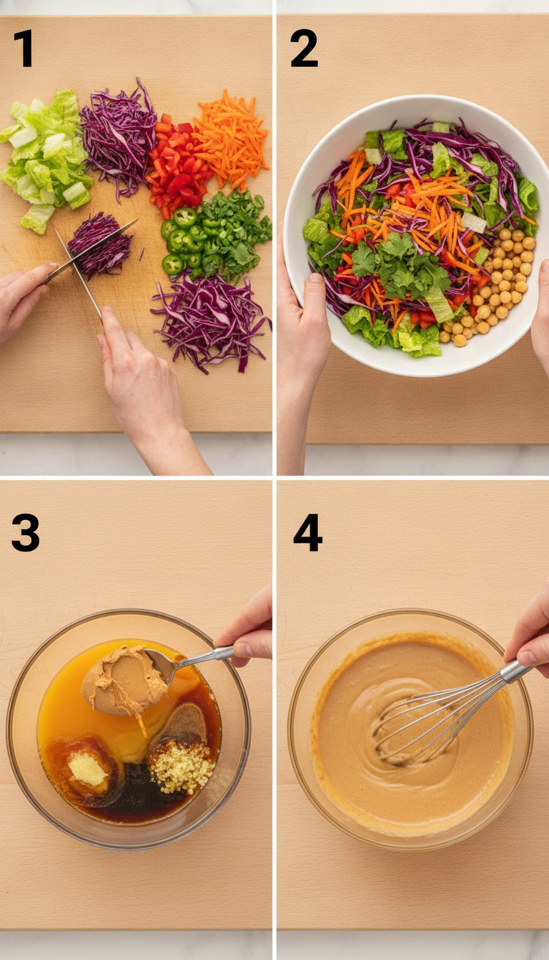 Step by step preparation of Thai Chickpea Salad with Peanut Dressing showing chopped vegetables and mixing process