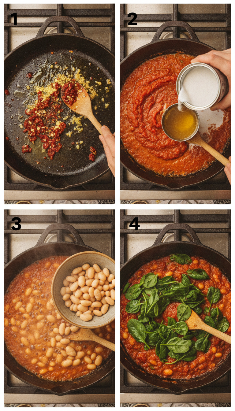 Step-by-step cooking process showing sautéing garlic, adding tomatoes, and simmering the creamy Tuscan butter bean mixture