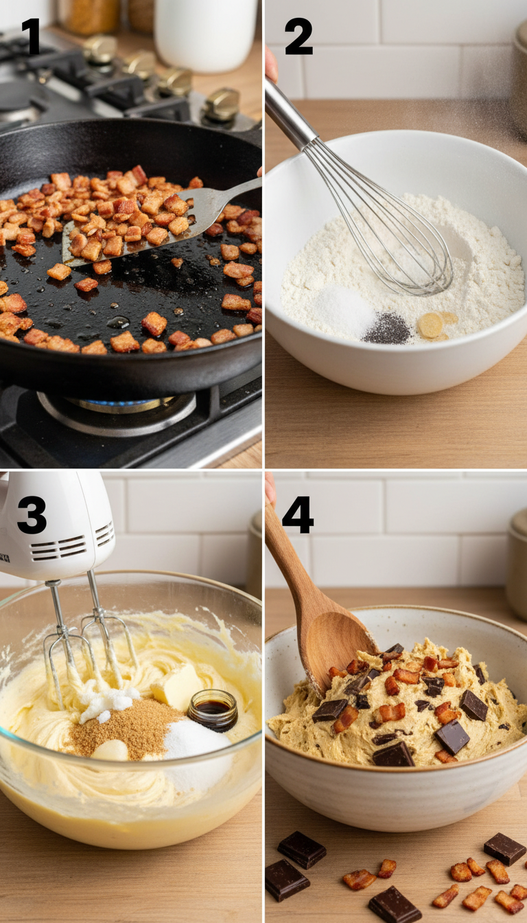 Step-by-step preparation of Vanilla-Kissed Turkey Bacon Chocolate Chunk Cookies showing mixing and shaping process