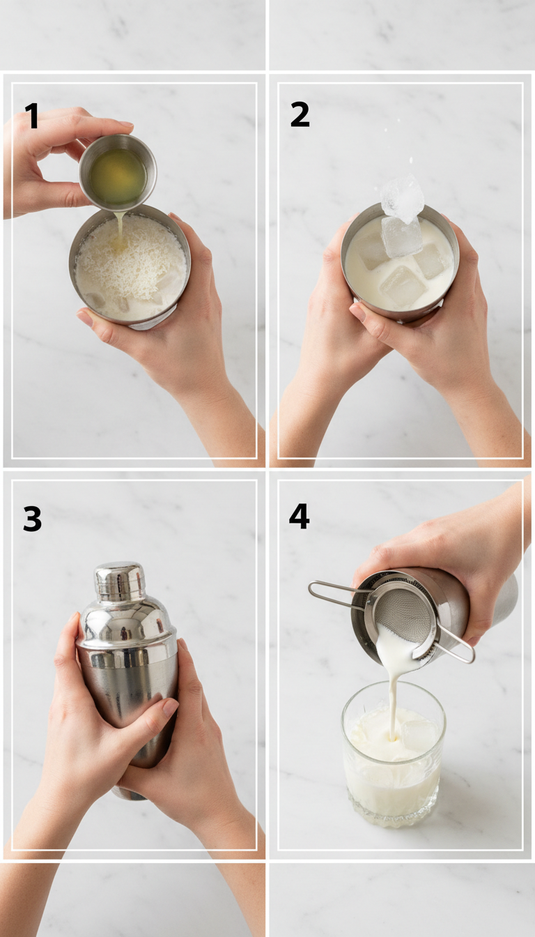Step by step process of making White Christmas Margarita showing ingredients being added to cocktail shaker and final garnished drink