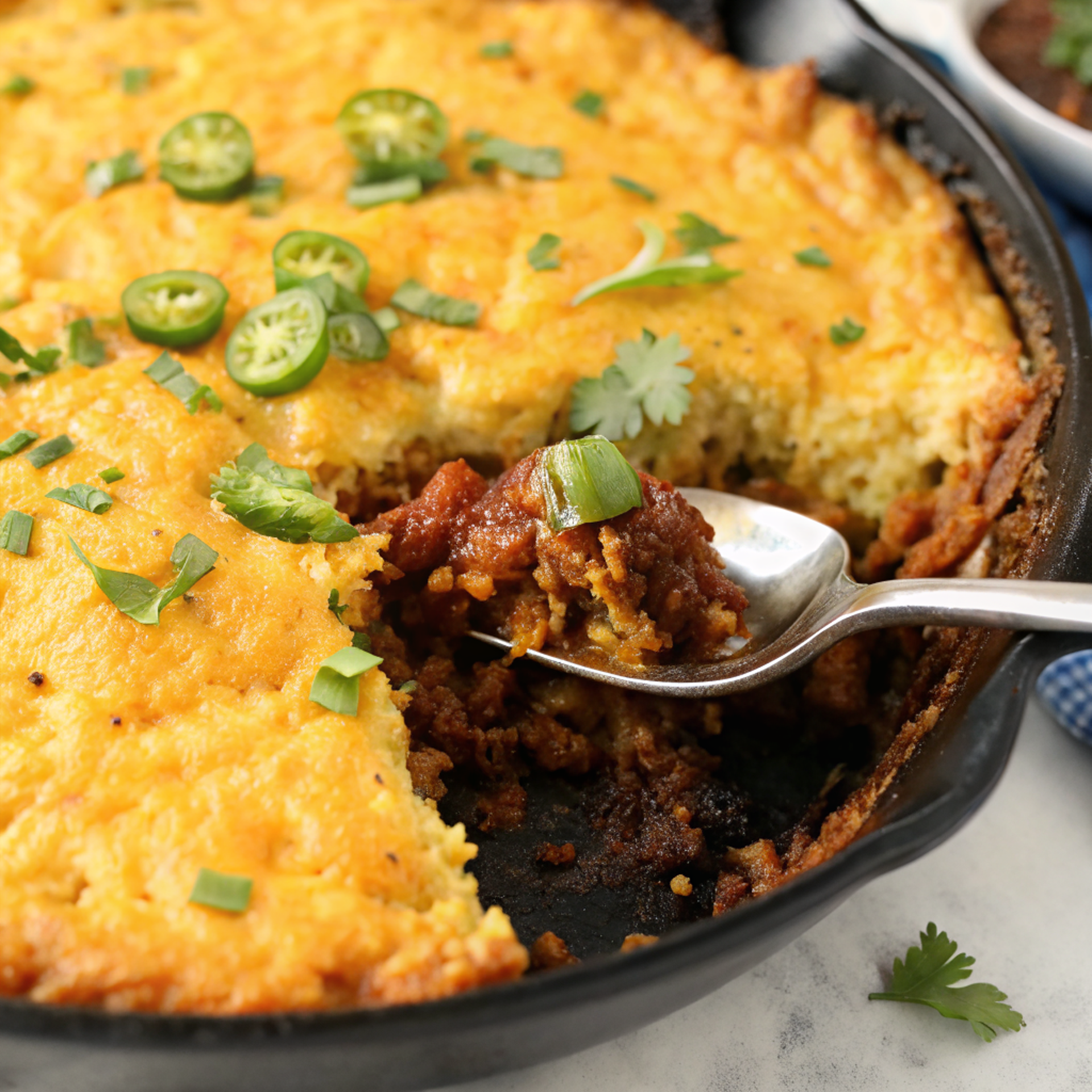 Finished Easy Taco Casserole Bake with Cornbread Topping golden and bubbling