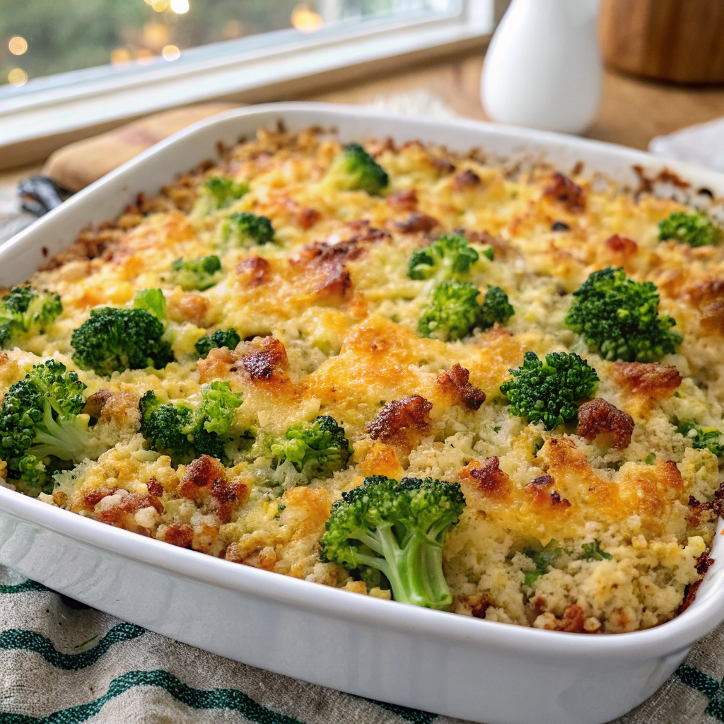 Final plated creamy quinoa broccoli and cheese casserole with professional garnish and lighting
