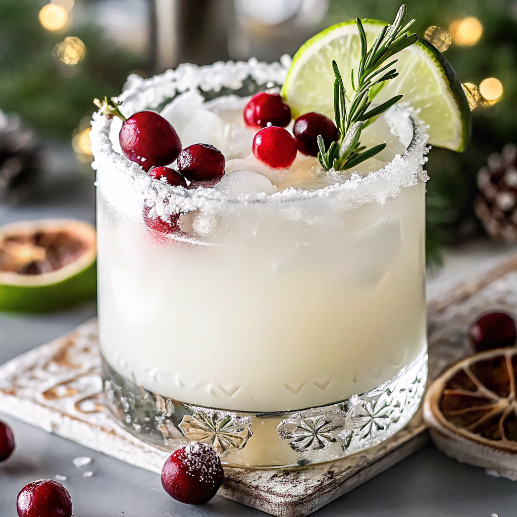 Beautiful finished White Christmas Margarita in a chilled glass with coconut rim, garnished with fresh rosemary sprig and floating cranberries