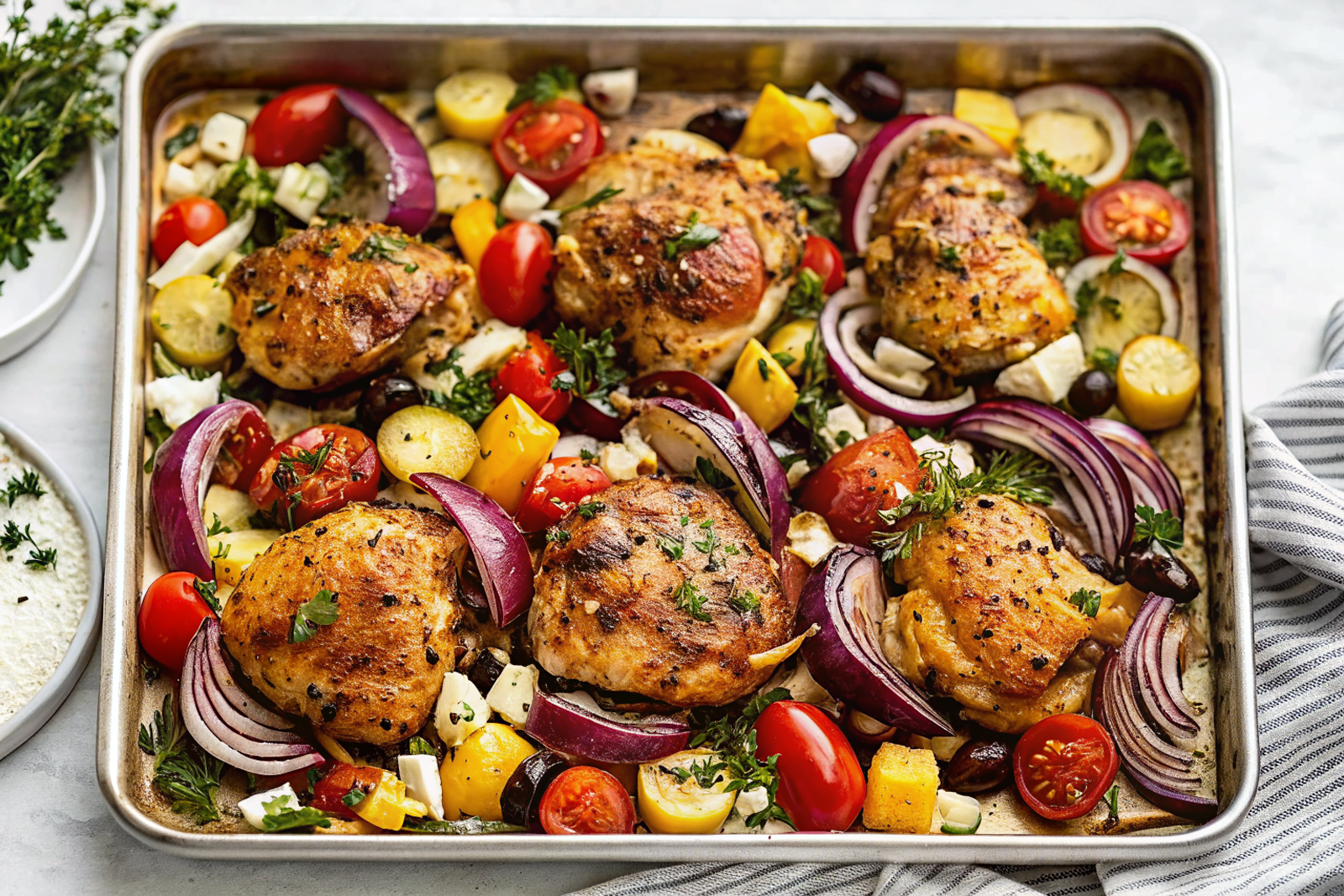 Beautiful finished Greek sheet pan chicken with golden crispy skin, colorful roasted vegetables, crumbled feta, and fresh herbs on a rustic sheet pan