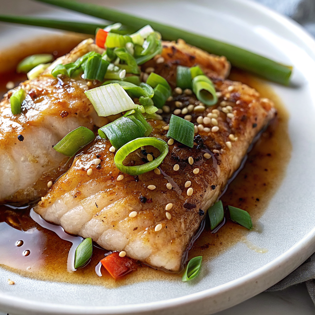 Beautifully plated Easy Ginger Soy Cod with glossy golden glaze, garnished with green onions and sesame seeds on an elegant white plate