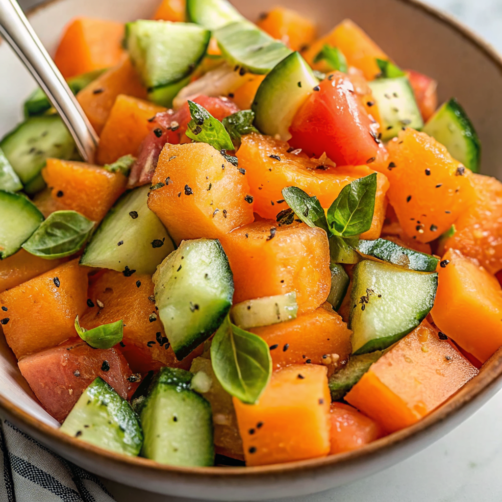 Beautiful finished Cantaloupe + Cucumber Salad garnished with fresh herbs, showing perfect color contrast and professional presentation