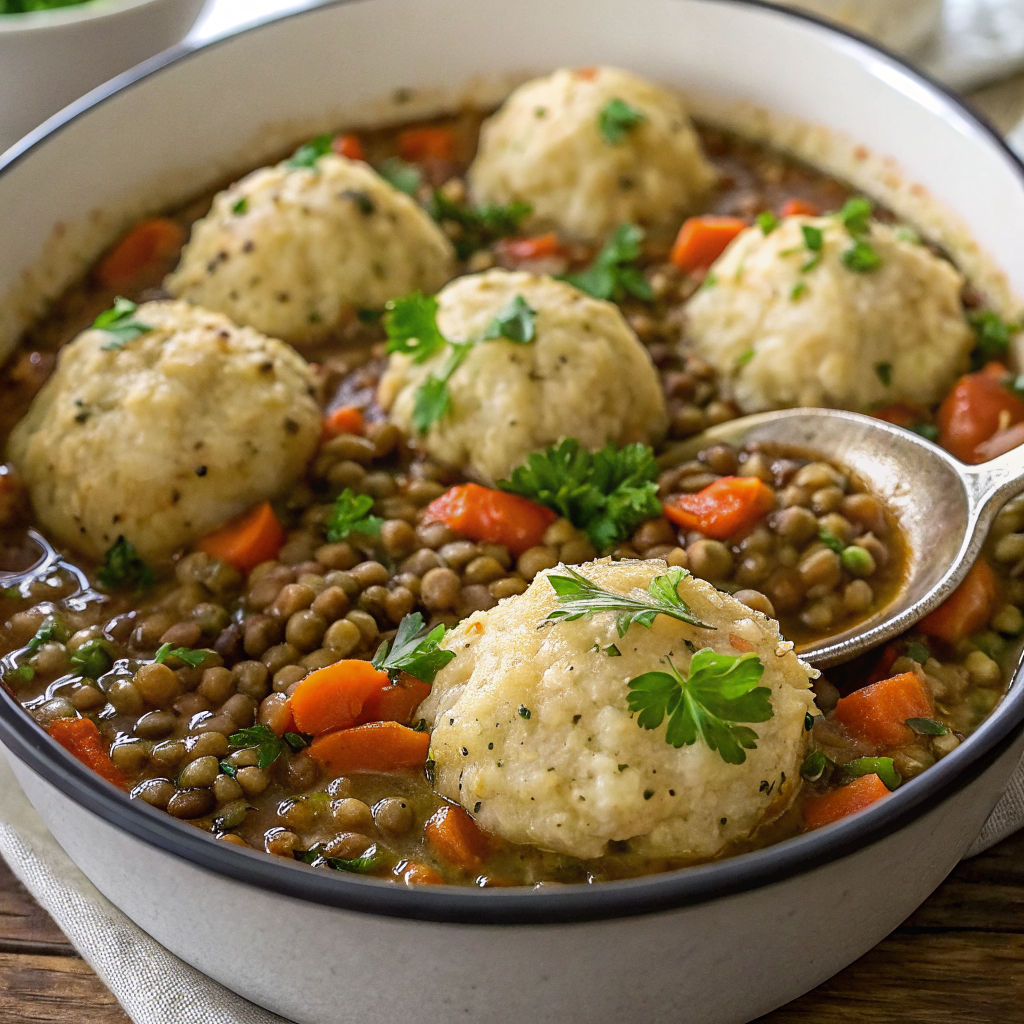 A steaming bowl of lentils with drop dumplings garnished with fresh parsley, served with crusty bread on a rustic wooden table