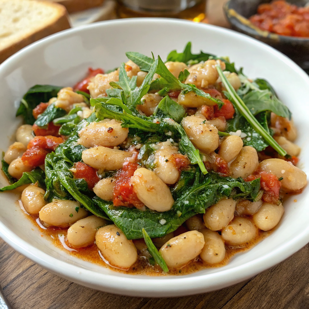 Beautifully plated braised white beans with garlic and arugula in rustic ceramic bowl with artistic olive oil drizzle and fresh herb garnish