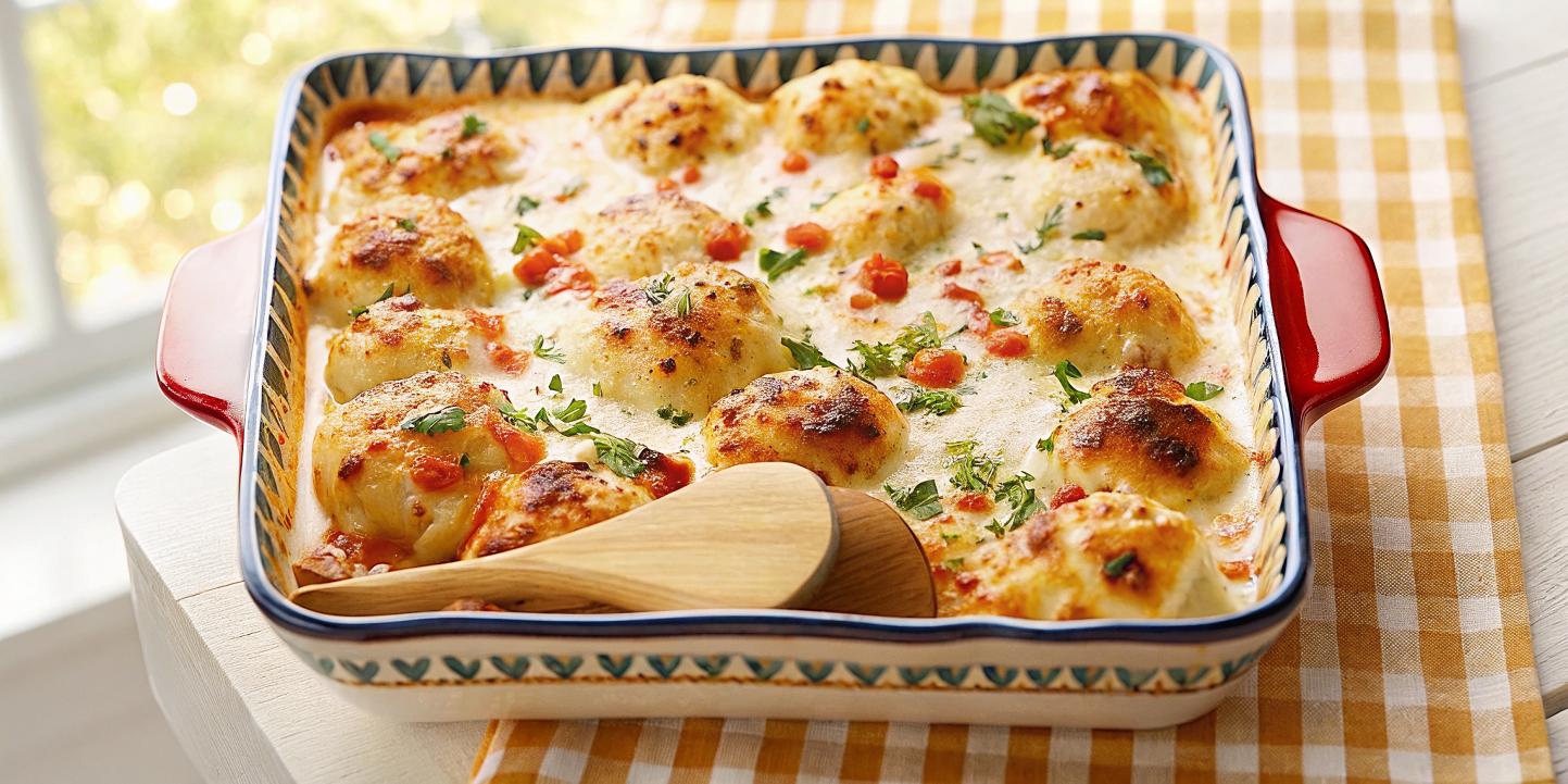 Beautifully plated Chicken Alfredo Stuffed Shells on elegant white dinnerware with fresh basil garnish and golden melted cheese
