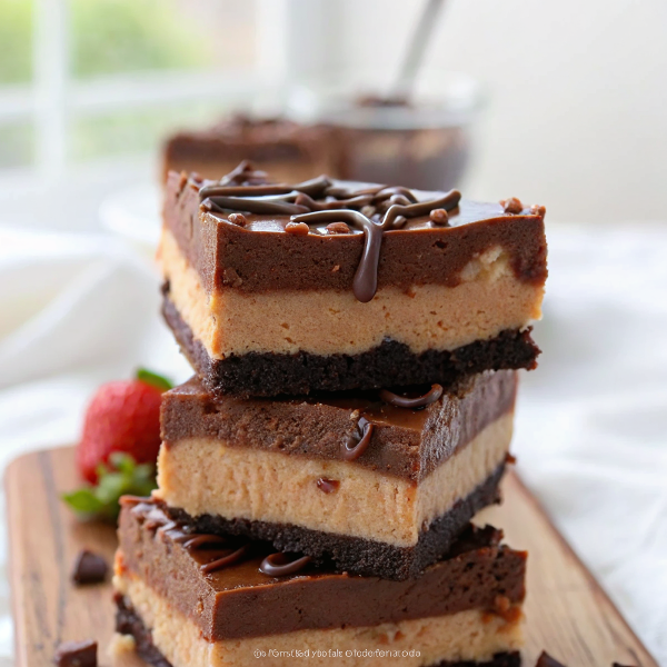 Perfectly cut no-bake chocolate peanut butter cheesecake bars arranged on a white marble surface, showing distinct layers and professional ganache drizzle pattern