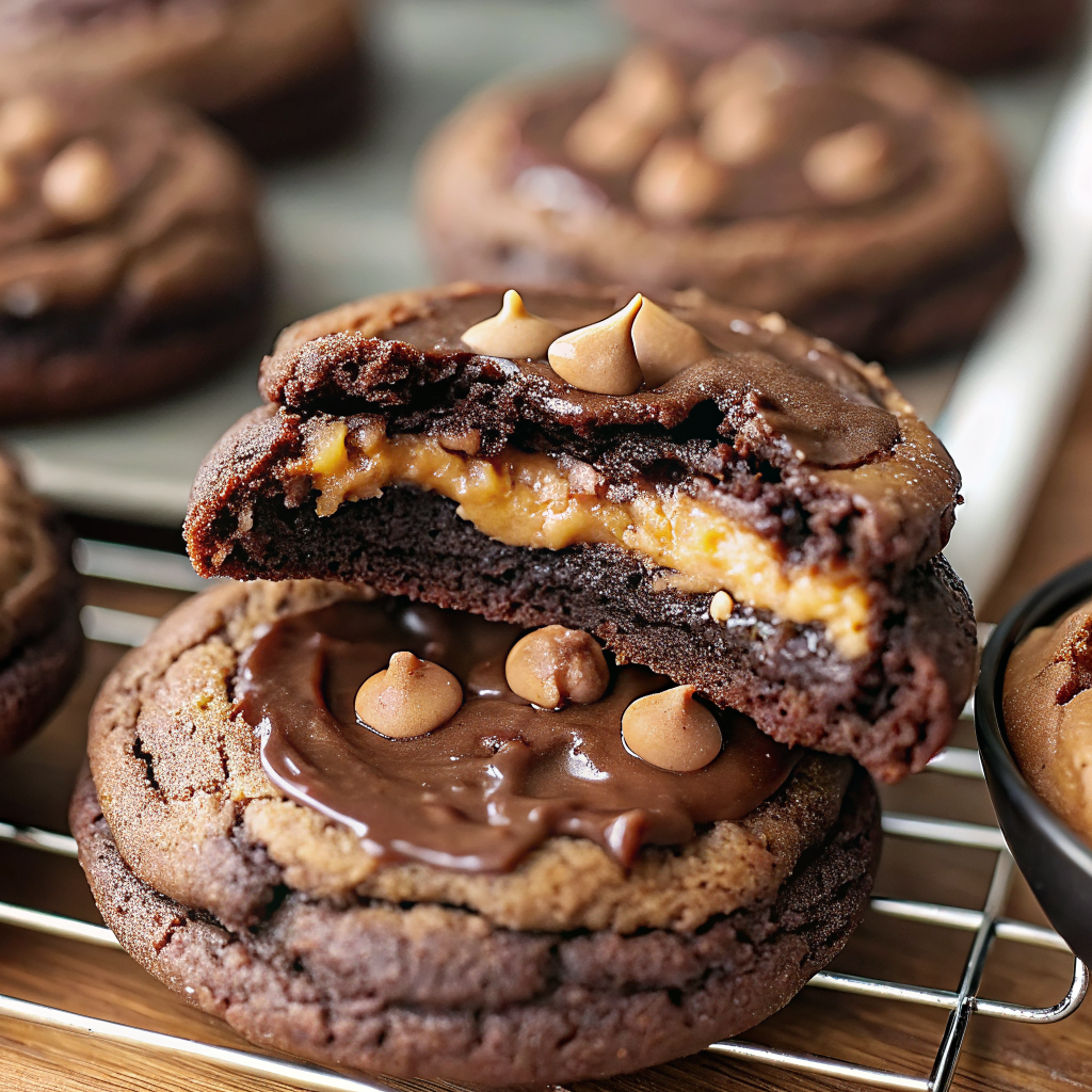 Finished peanut butter stuffed chocolate cookies on a cooling rack, showing the perfect chocolate exterior with hints of the creamy peanut butter filling inside