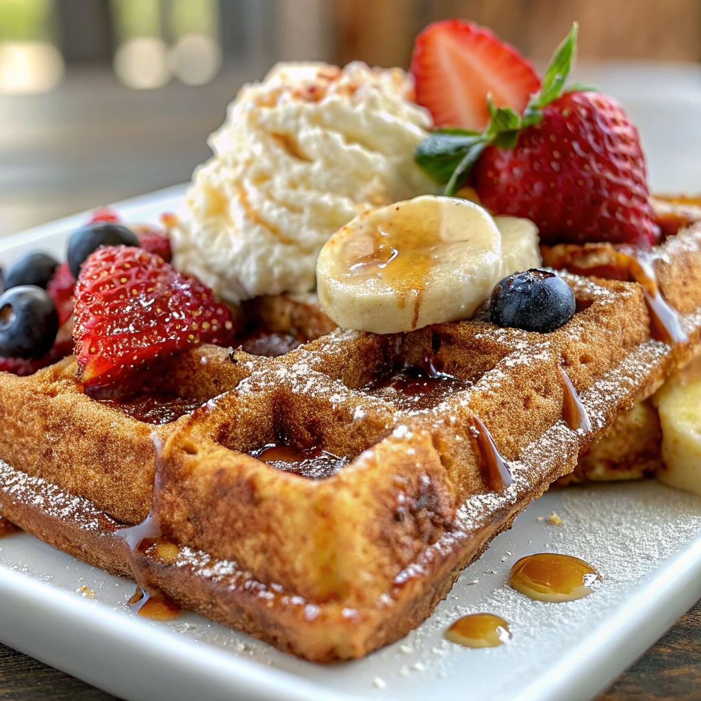 Stack of golden protein waffles topped with fresh berries and a light drizzle of maple syrup, served on a white plate with a fork beside it
