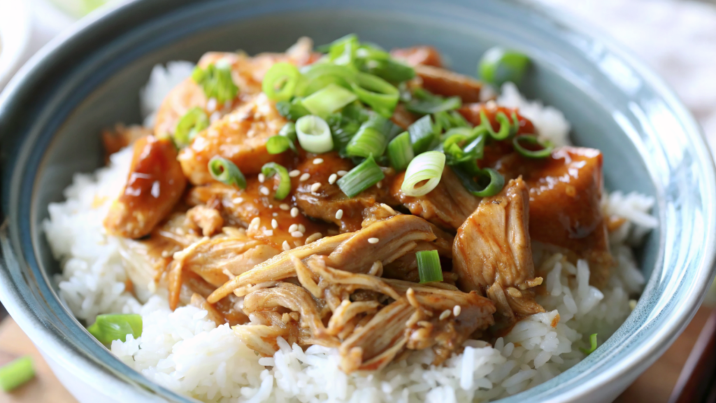 Finished Slow Cooker Honey Garlic Chicken served over white rice, garnished with green onions and sesame seeds, showing the glossy sauce coating