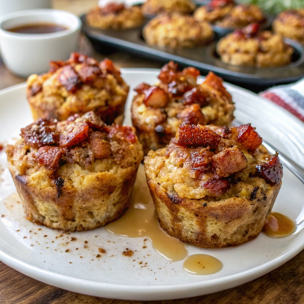 Golden-brown Protein French Toast Muffins arranged on a rustic wooden serving board, garnished with fresh berries and a light dusting of powdered sugar