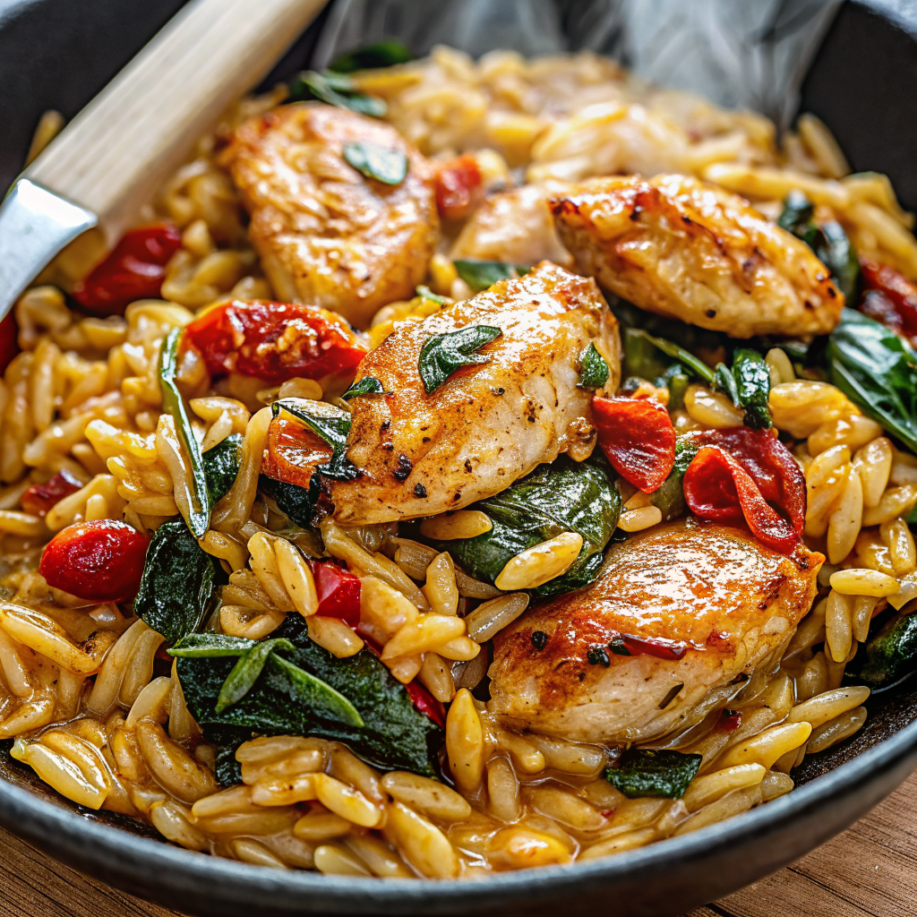 Finished Cajun Chicken Orzo in elegant white bowl showing perfect color contrast and professional plating