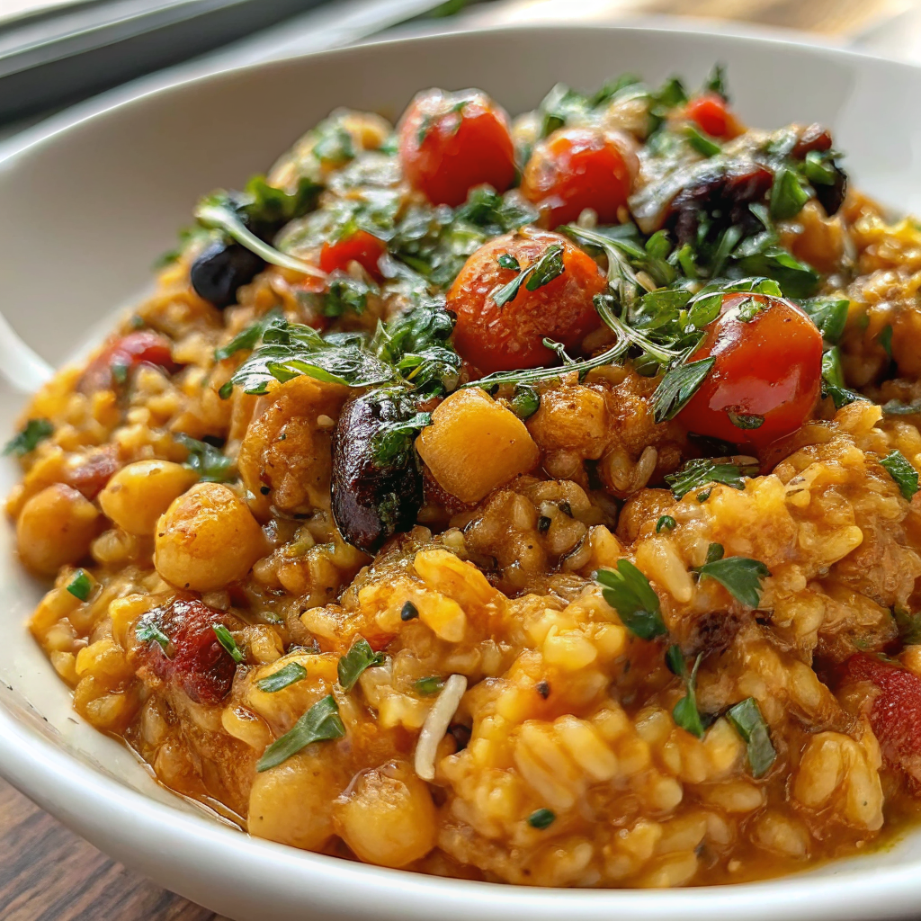 Beautifully plated Mediterranean rice and beans in elegant white bowl with perfect herb garnish and golden lighting