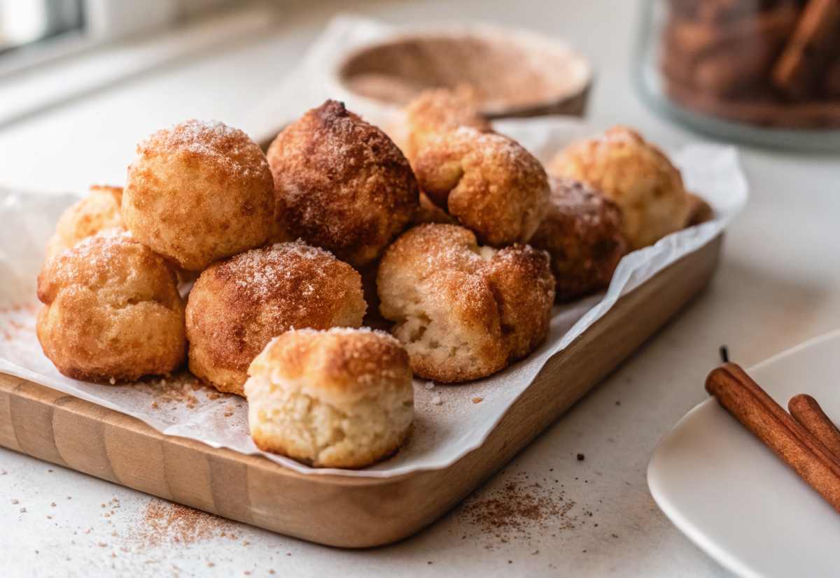 Perfectly golden Air Fryer Cinnamon Sugar Donut Holes arranged on elegant white serving plate with cinnamon stick garnish