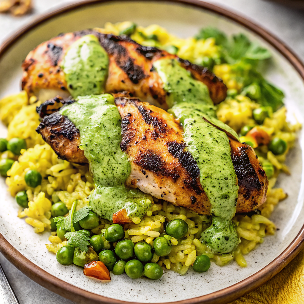 Beautiful plated Peruvian Chicken and Rice with Green Sauce showing golden turmeric rice topped with perfectly grilled chicken and vibrant green cilantro sauce