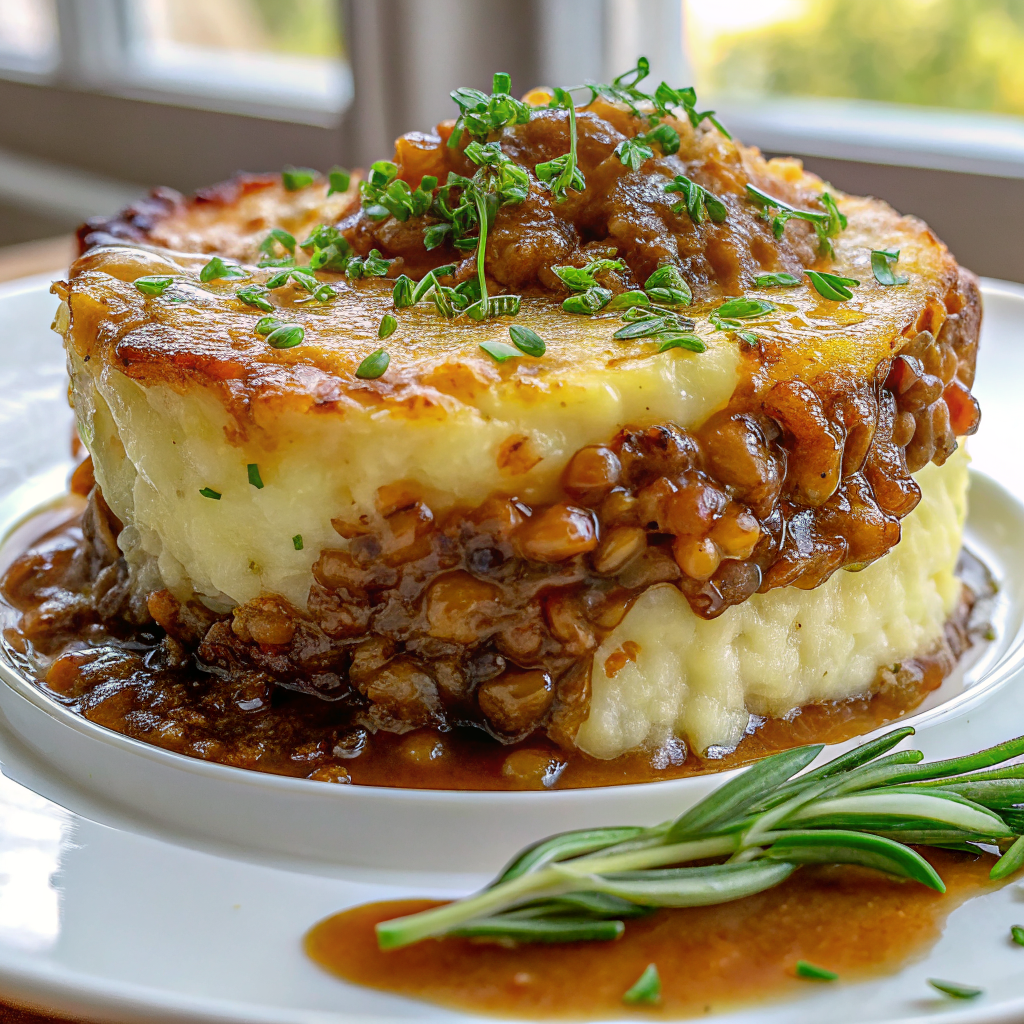 Stunning final presentation of French Onion Shepherd's Pie with golden-brown peaks and caramelized onion layers visible, garnished with fresh herbs on an elegant white plate