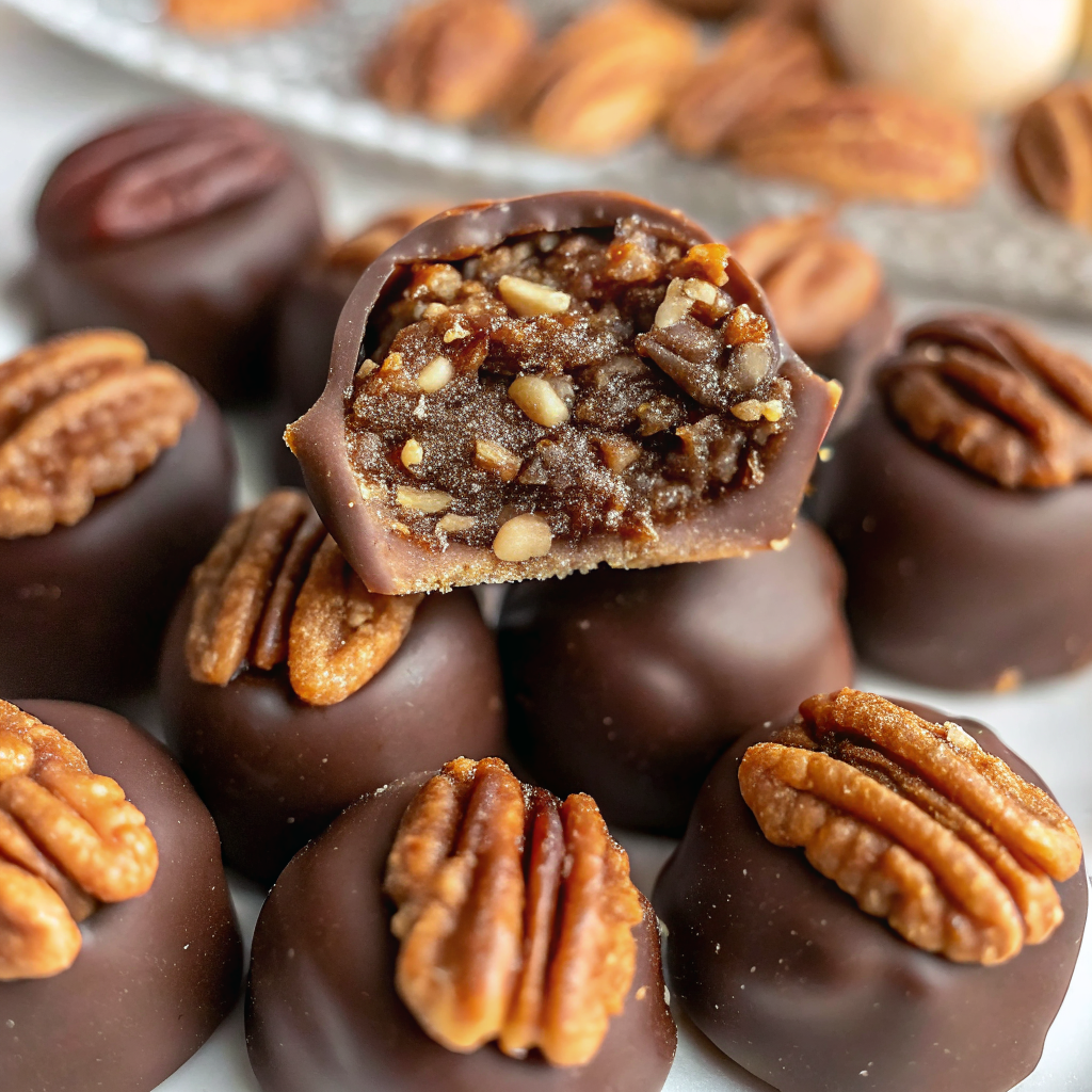 Beautifully plated no-bake pecan pie bites arranged on white ceramic plate with coffee cup and elegant table setting
