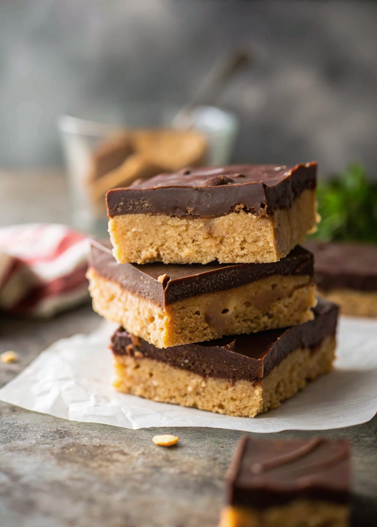 Finished chocolate peanut butter bars cut into perfect squares on a white serving plate