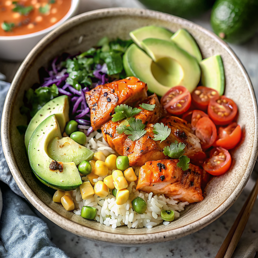 Beautiful finished chili lime salmon bowls with perfectly arranged colorful vegetables and golden seared salmon