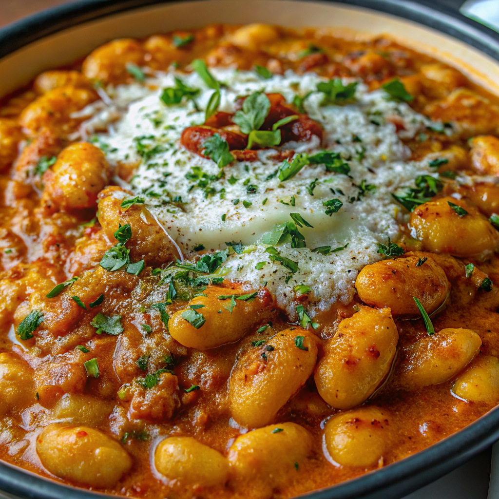 Final presentation of One Pot Marry Me Butter Beans in a rustic ceramic bowl, garnished with fresh basil and served with crusty bread, showing the creamy, rich texture and vibrant colors