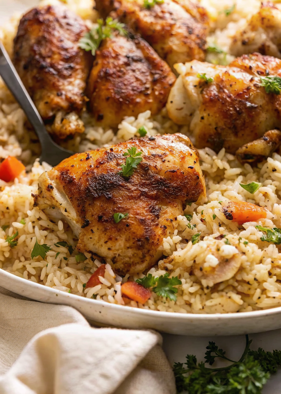 Beautiful finished oven baked chicken and rice dish with golden brown chicken thighs nestled on fluffy seasoned rice, garnished with fresh herbs